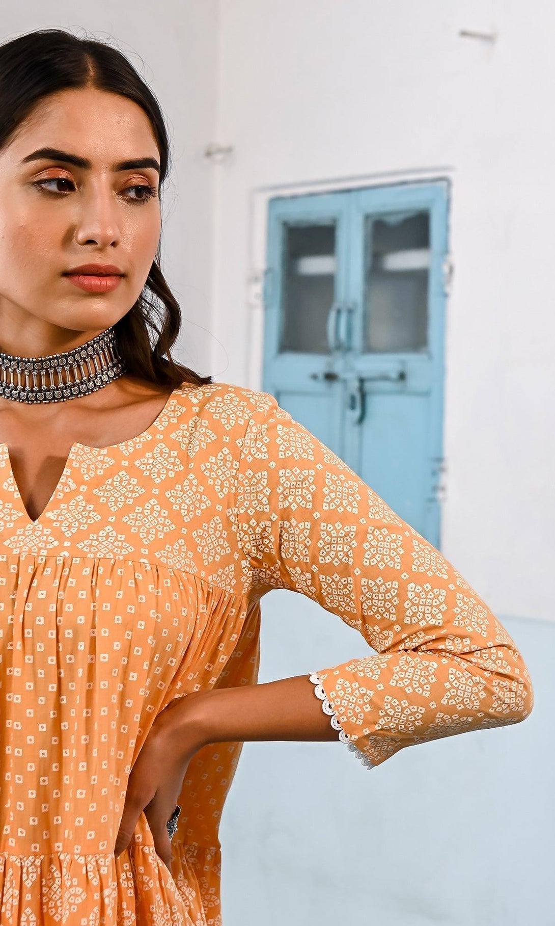 Zahrah 2.0 Orange gather anarkali set - set of 3 - Indiakreations