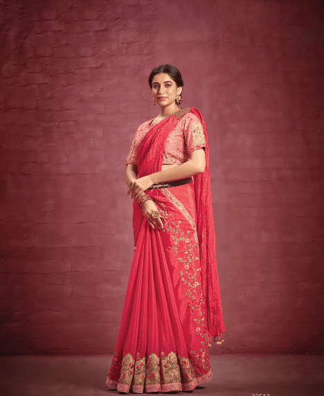 Glamorous Silk Crepe Heavy Embroidered Stylish Saree In Pink - Indiakreations