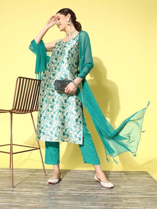 Varanga Women Green Floral Printed Chanderi Silk Kurta With Trousers & Dupatta - Indiakreations