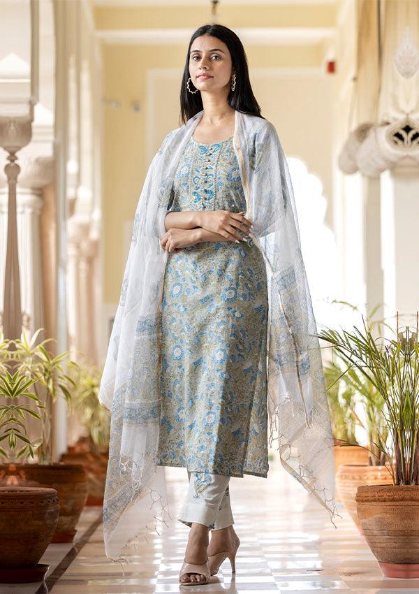 Grey Handblock Printed Cotton Suit Set - Indiakreations