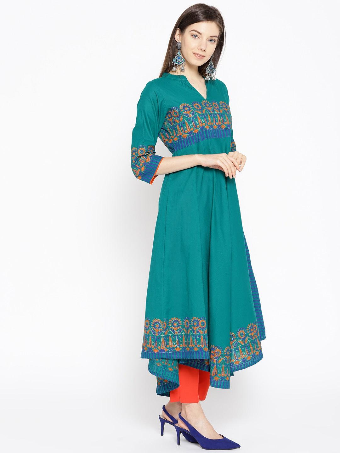 Women's Green Asymmetric Printed A-Line Kurta - Noz2Toz - Indiakreations