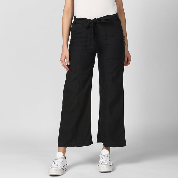 Women's Black Denim Trousers with belt - StyleStone