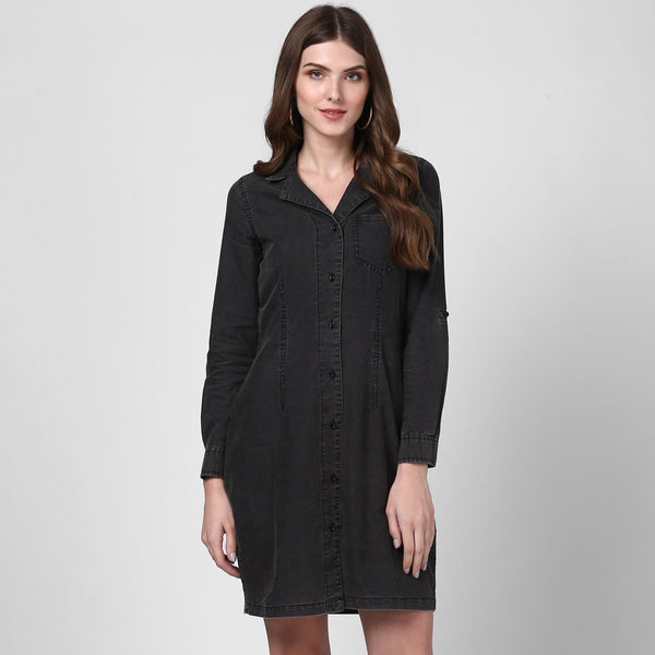 Women's Black Denim Lapel Style Shirt Dress - StyleStone