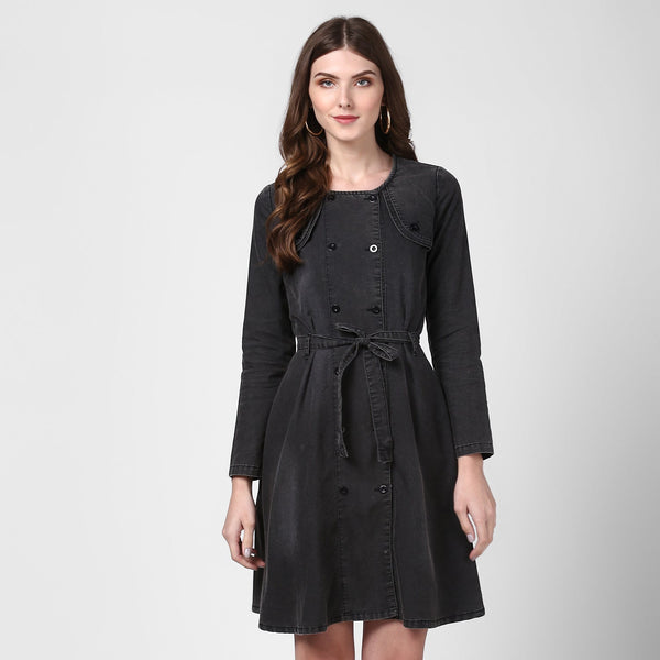 Women's Black Denim Dress with Shoulder Placket detail - StyleStone