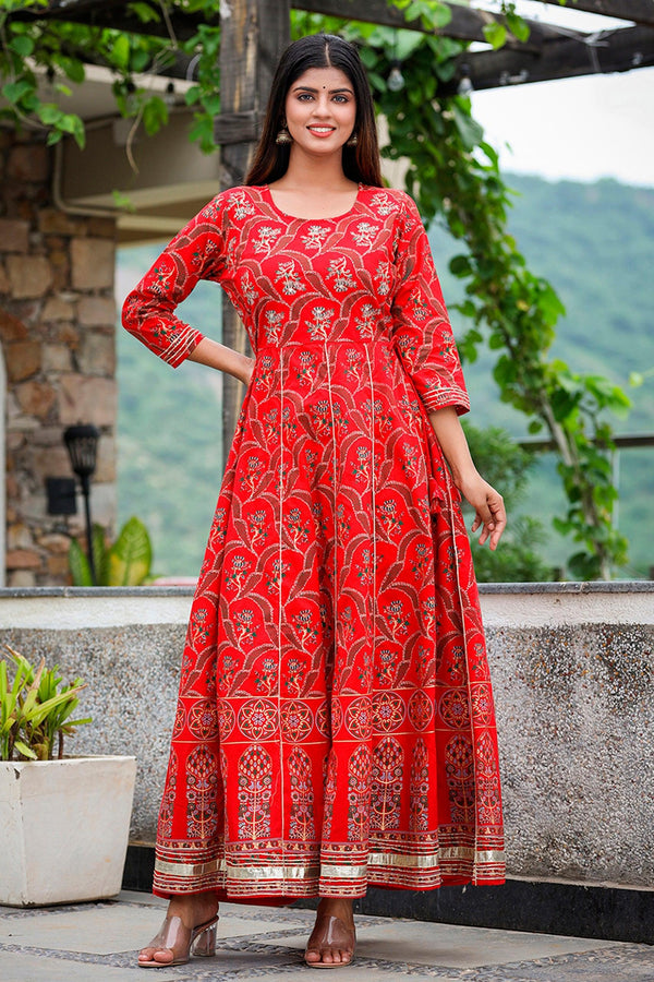 Red Gold Printed Embroidered Cotton Ethnic Dress - Indiakreations