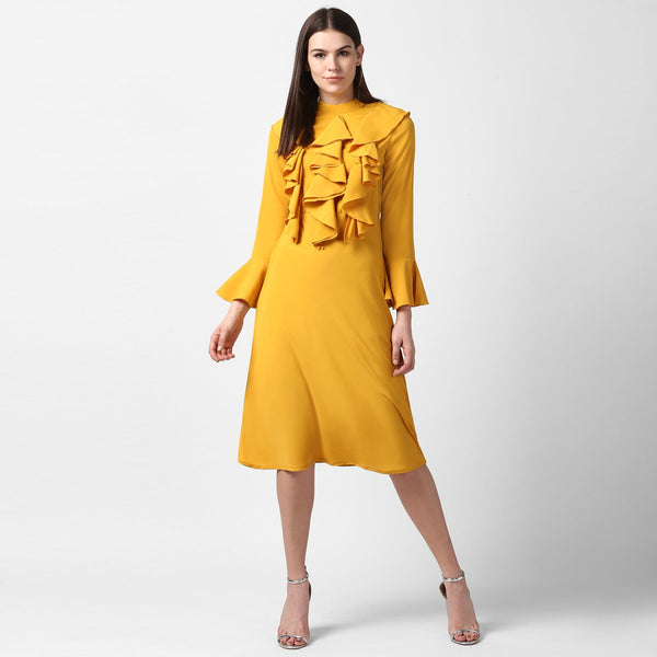 Women's Yellow Front Ruffle Bell Sleeve Dress - StyleStone