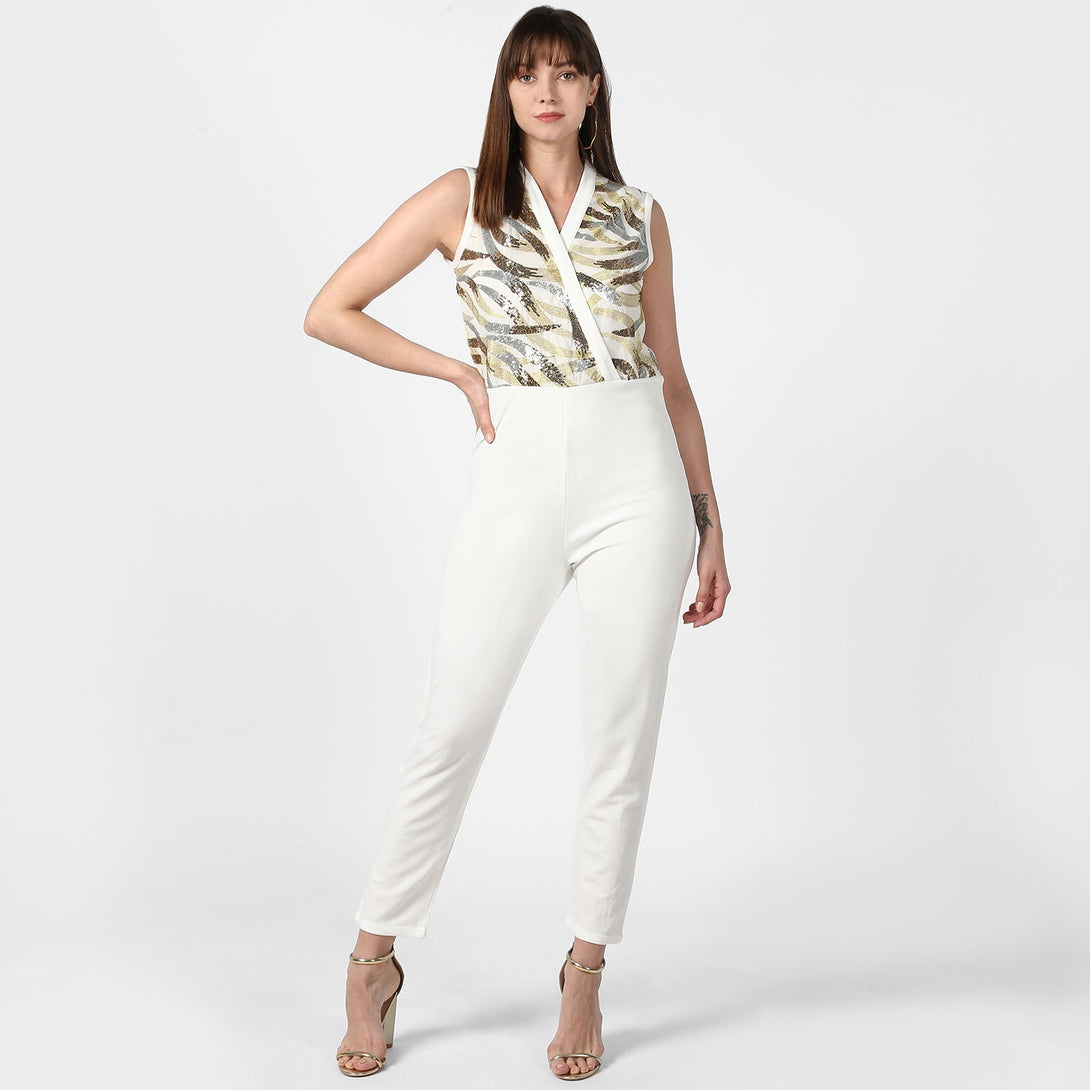 Women's White And Golden-Silver Sequin Jumpsuit -Stylestone