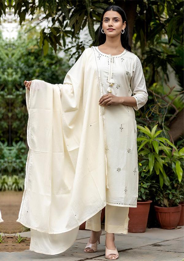 Off White Mirror Embellished Cotton Suit Set - Indiakreations