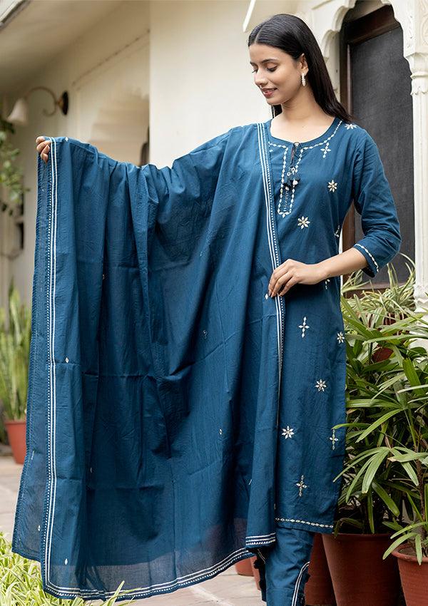 Navy Blue Mirror Embellished Cotton Suit Set - Indiakreations