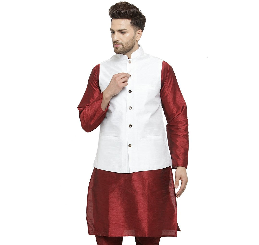 Men's White Solid Nehru Jacket - Benstoke