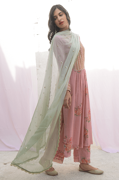 Ambara Soft Pink digital printed yoke kurta with palazzo and mint dupatta - RTS - Indiakreations