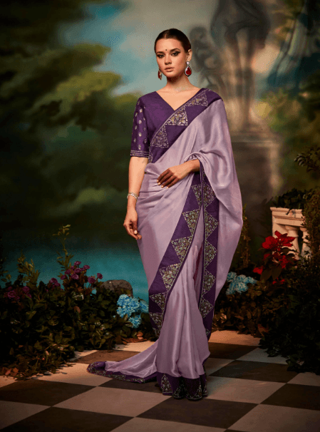 Designer Wear Silk Fabric Embroidered Work Saree In Violet - Indiakreations