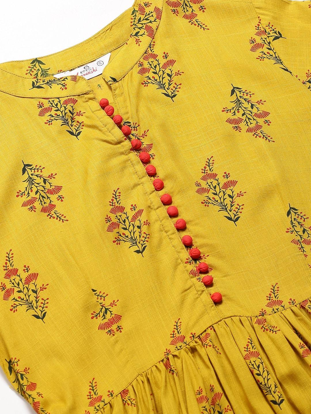 Women's Mustard Yellow & Red Printed A-Line Kurta - Meeranshi - Indiakreations