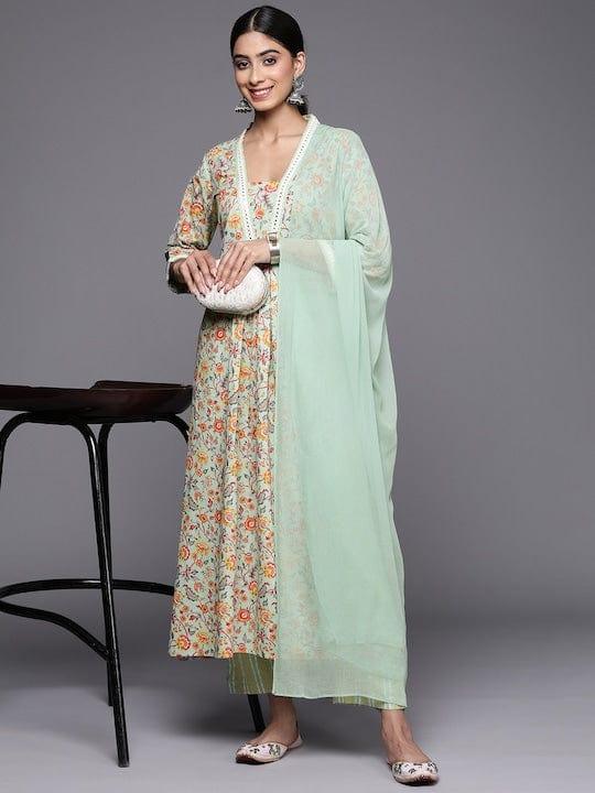 Varanga Floral Printed Regular Mirror Work Kurta With Trousers & Dupatta - Indiakreations