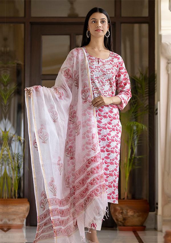 Pink Handblock Printed Cotton Suit Set - Indiakreations