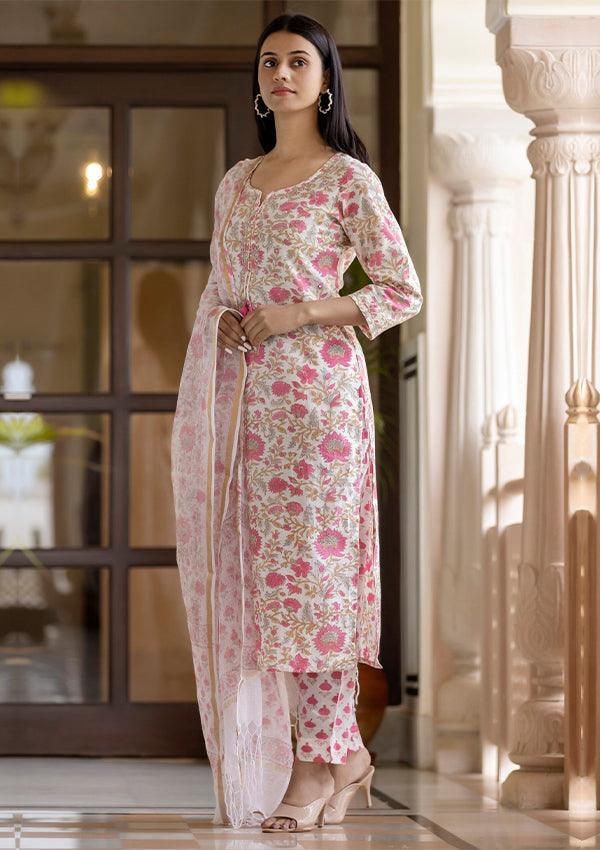 Light Pink Handblock Printed Cotton Suit Set - Indiakreations