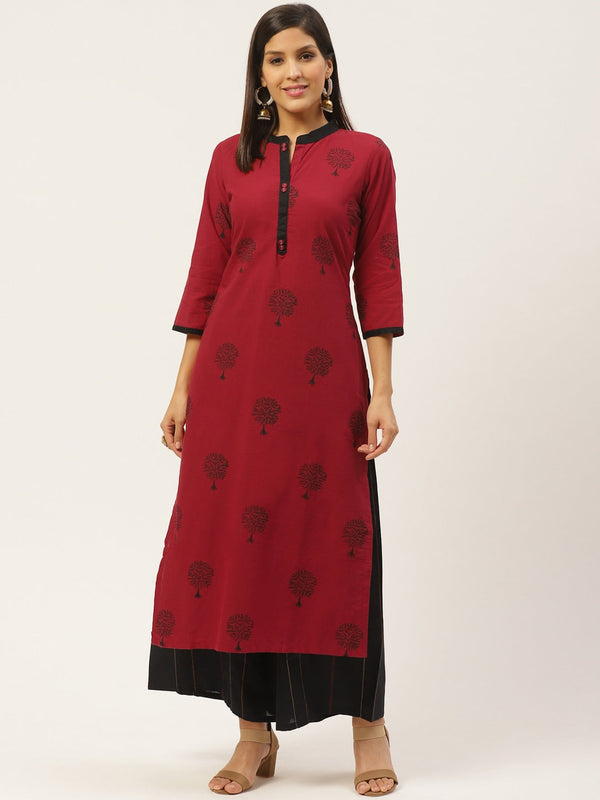 Women's Maroon & Black Block Print Kurta With Palazzos - Noz2Toz