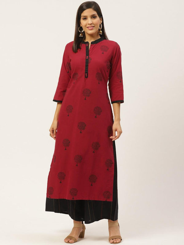 Women's Maroon & Black Block Print Kurta With Palazzos - Noz2Toz - Indiakreations