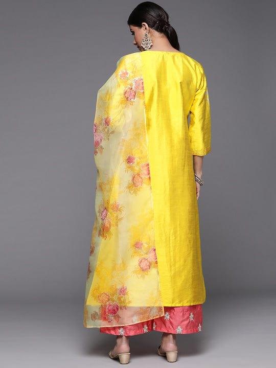 Varanga Women Mustard Yellow Floral Embroidered Kurta with Trousers & Dupatta - Indiakreations