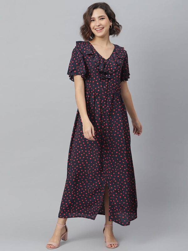 Women's Navy & Red Polka Ruffle Maxi dress - StyleStone