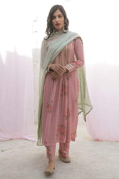 Ambara Soft Pink digital printed yoke kurta with palazzo and mint dupatta - RTS - Indiakreations