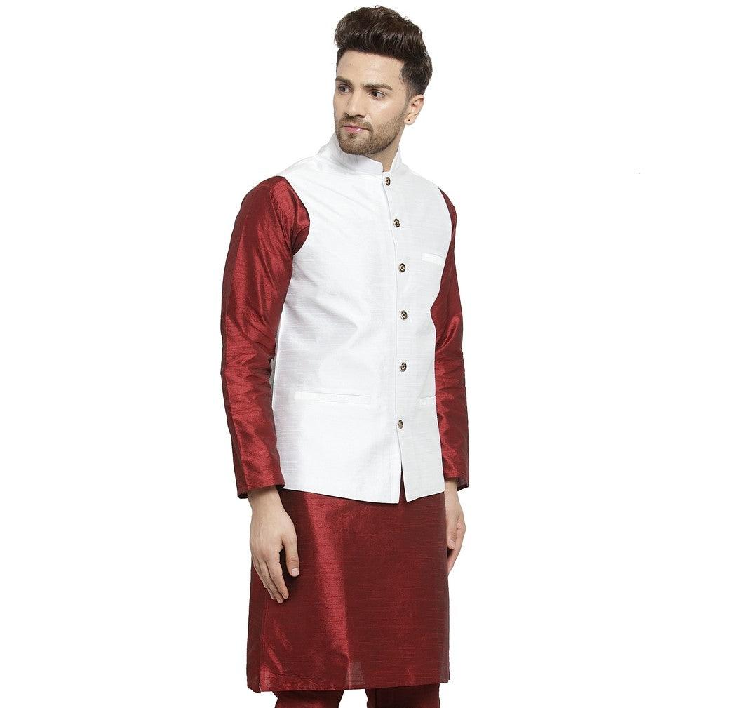 Men's White Solid Nehru Jacket - Benstoke - Indiakreations