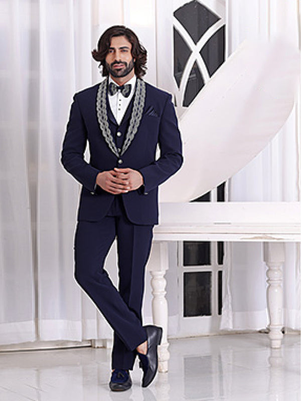 Smart Mens Designer Dark Blue Silk Suit With Waistcoat