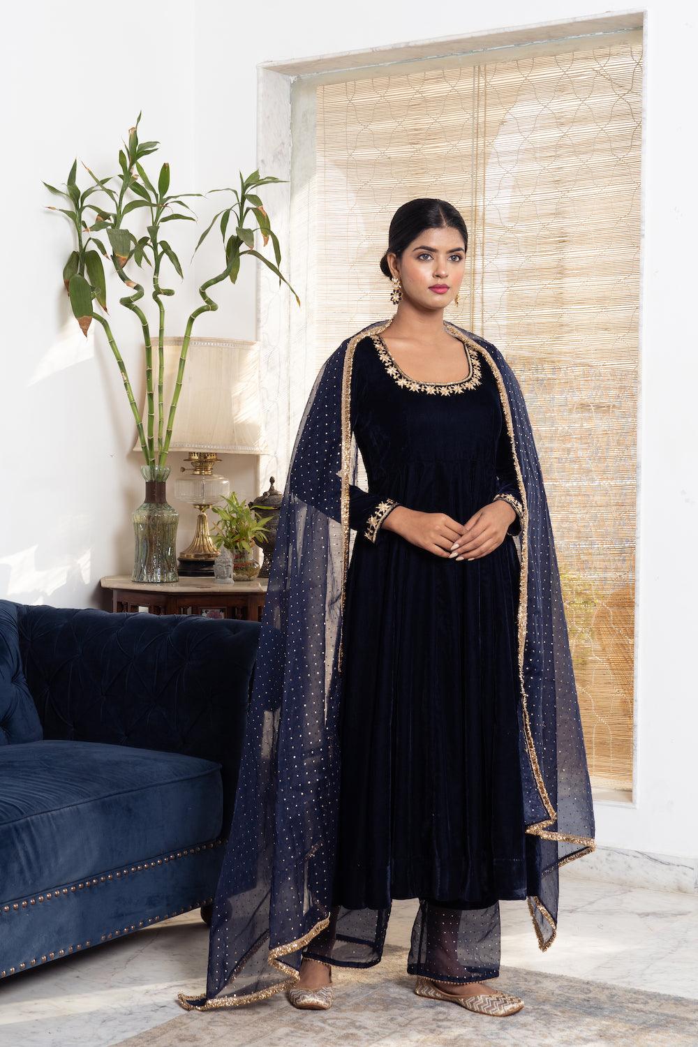 Khwabidah Navy Blue Anarkali Set of 3 - Indiakreations