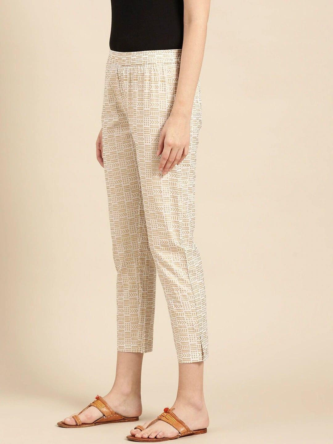 Off White & Gold-Toned Printed Regular Trousers - Indiakreations