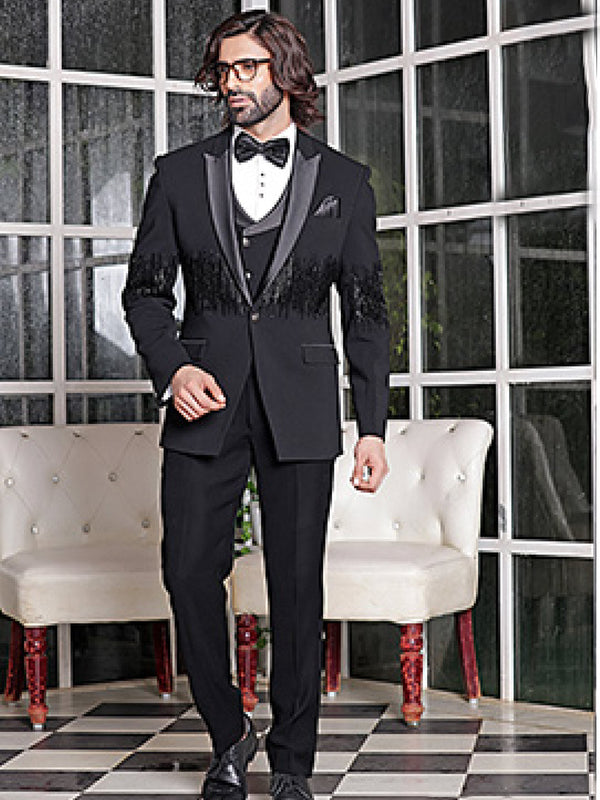 Mens Slim Fit Partywear Black Suit With Waistcoat