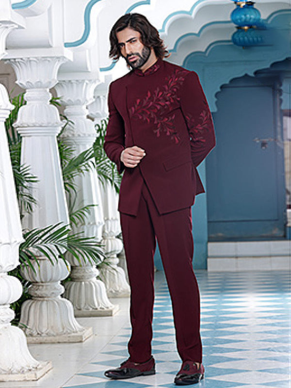 Elite Maroon Mens Designer Jodhpuri Set With Self Floral Design