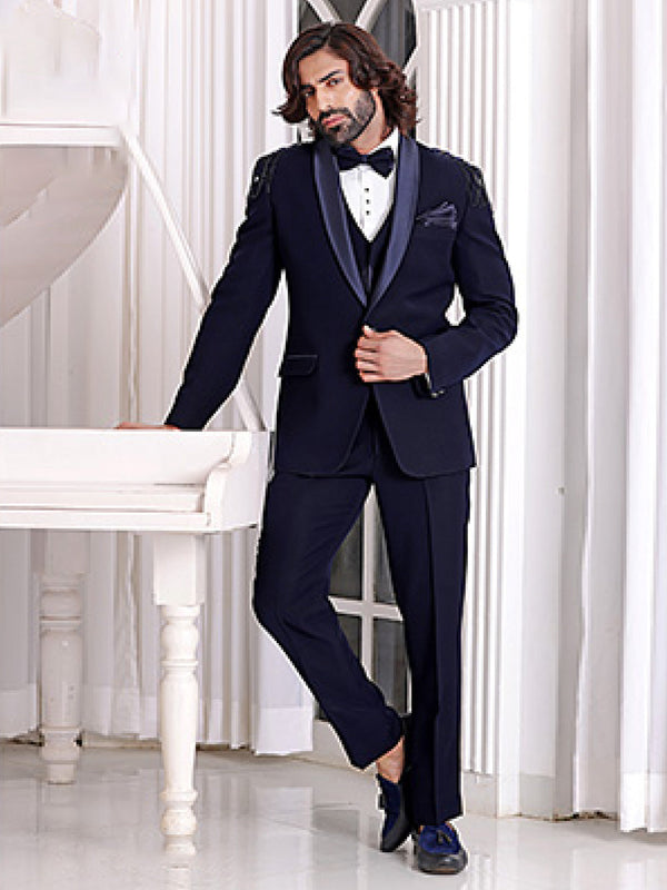 Smart Mens Designer Dark Blue Silk Suit With Waistcoat