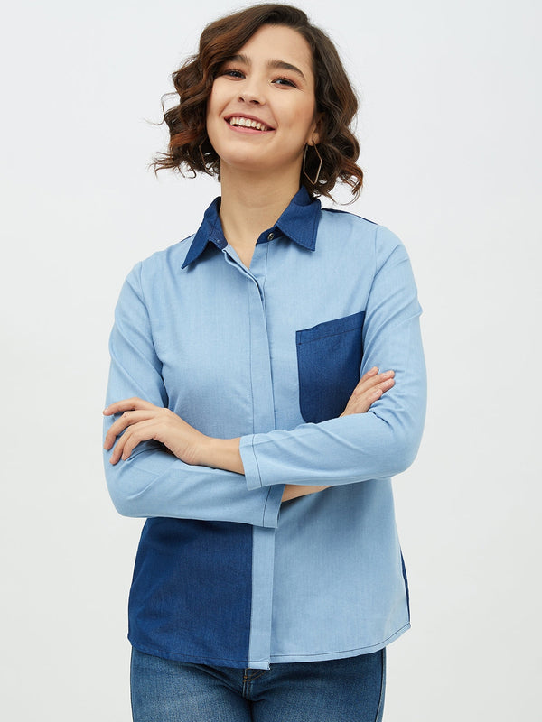 Women's Blue Colour Block Denim Shirt - StyleStone