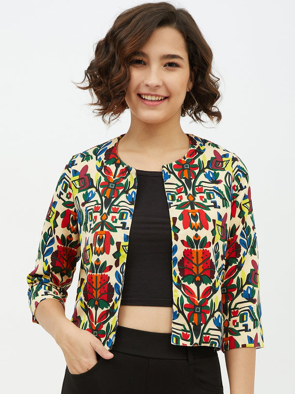 Women's Polyester Moss Floral Printed Open Shrug - StyleStone