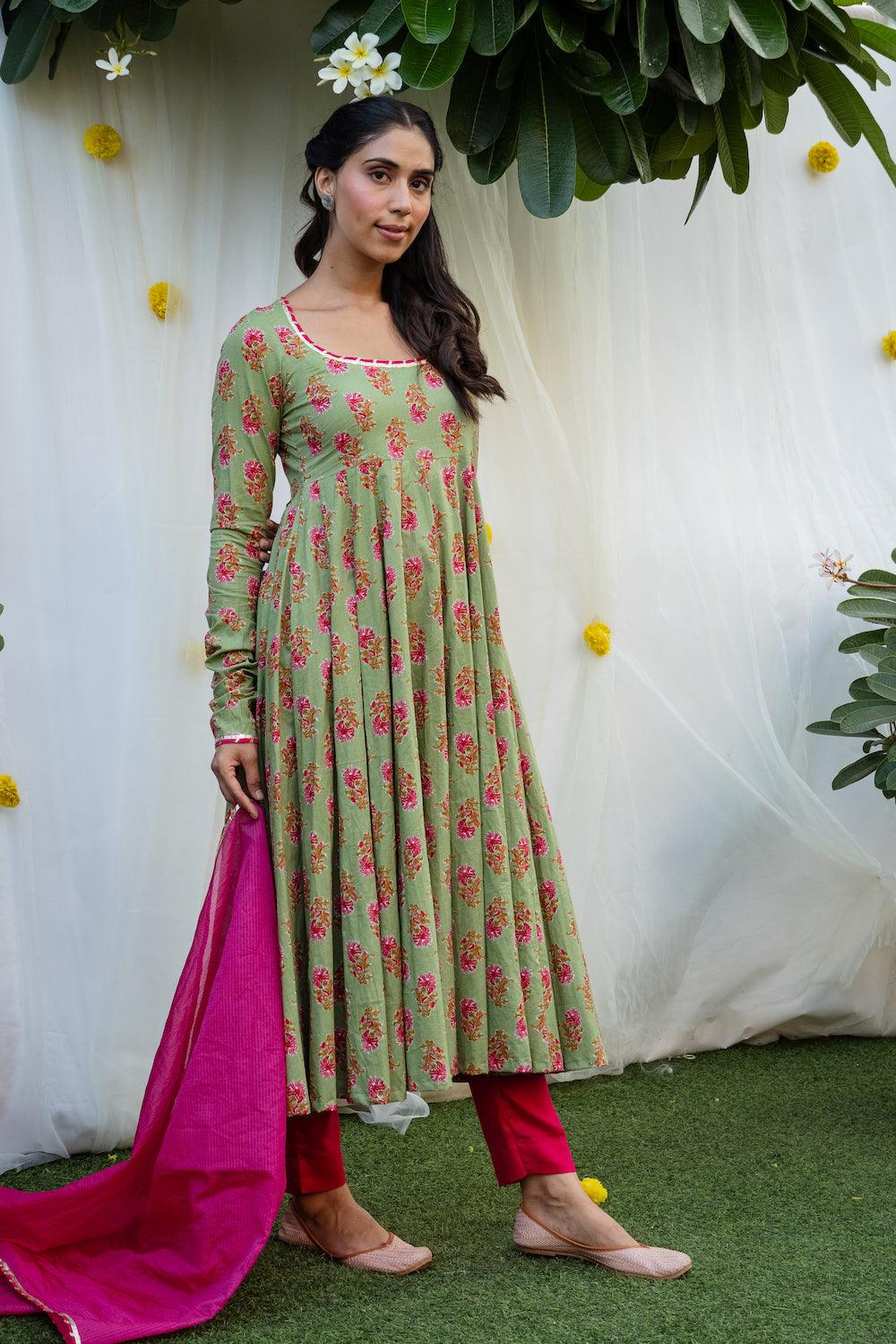 Mehfil Pista Green Anarkali Set - Indiakreations