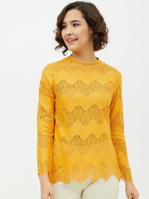 Women's Yellow Self Detail Lace Top - StyleStone