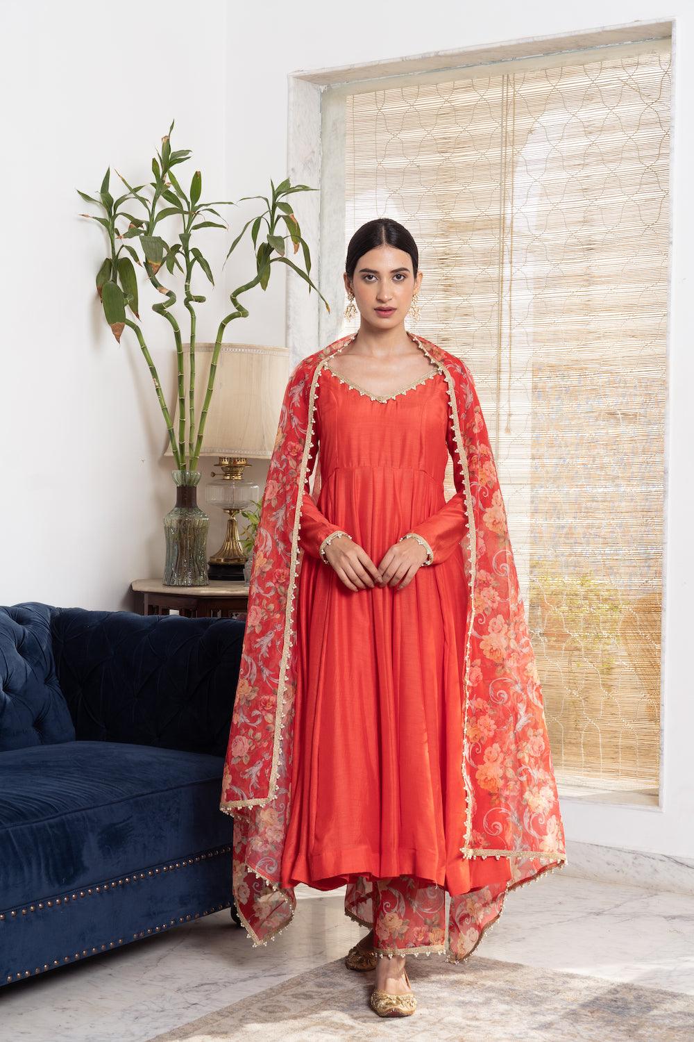 Khwabidah Red Anarkali with floral dupatta Set of 3 - Indiakreations