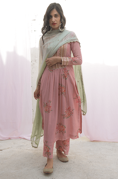 Ambara Soft Pink digital printed yoke kurta with palazzo and mint dupatta - RTS - Indiakreations