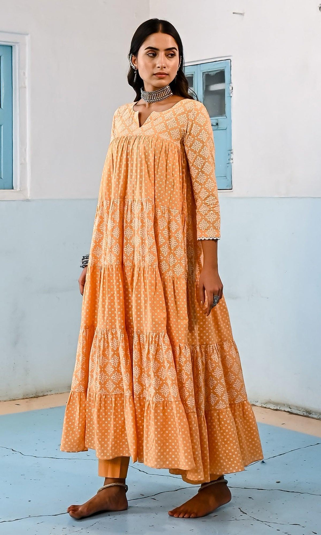 Zahrah 2.0 Orange gather anarkali set - set of 3 - Indiakreations