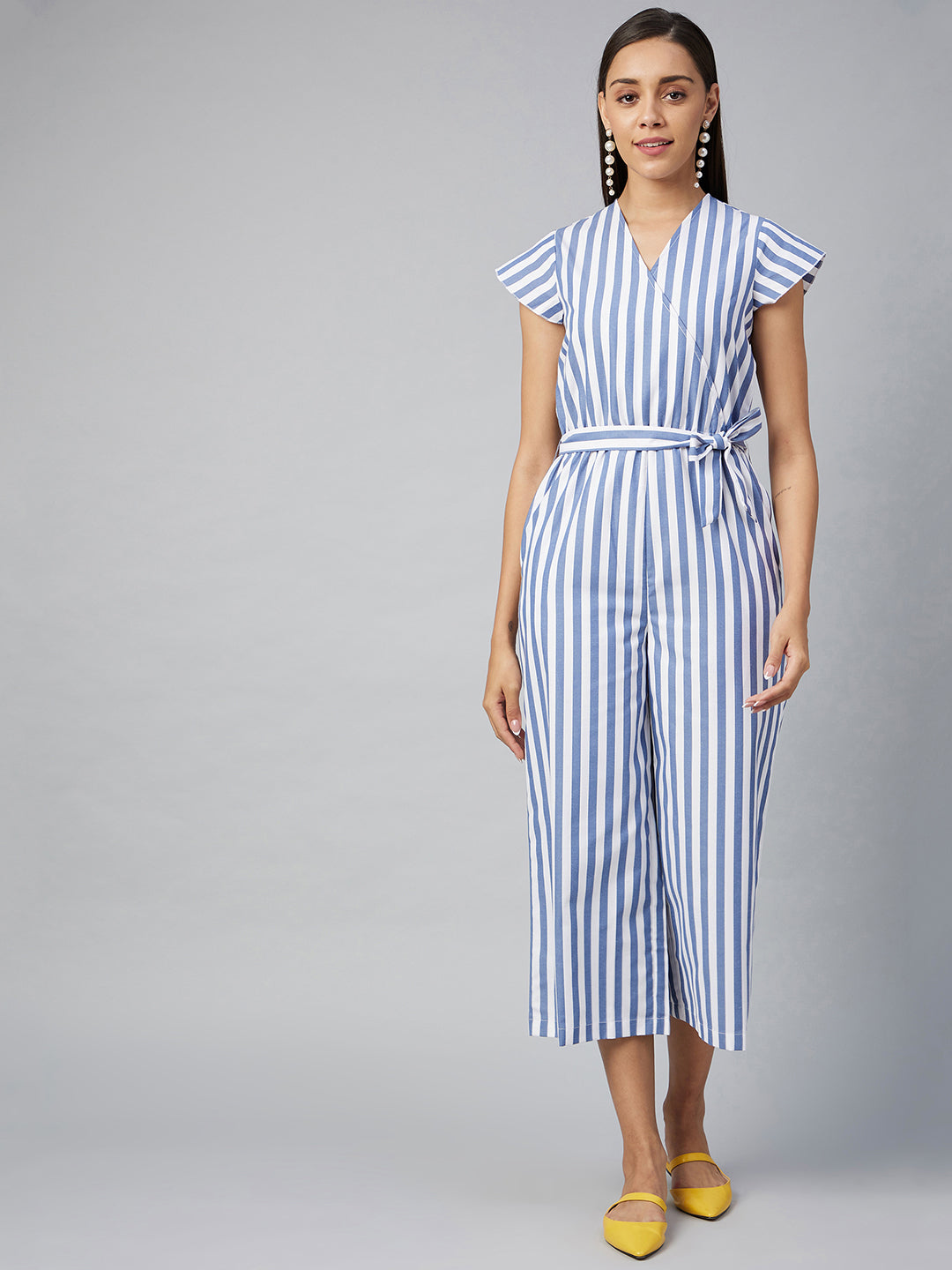 Women's Blue Stripe Cotton Blend Jumpsuit - Stylestone