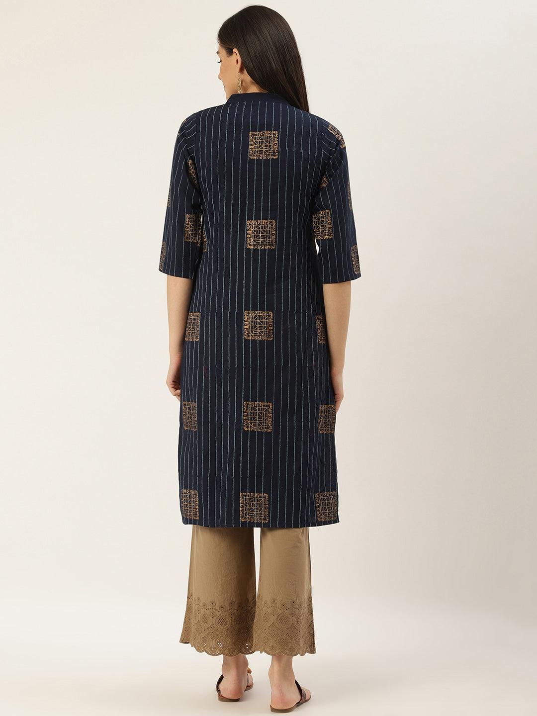 Women's Navy Blue & Golden Striped With Ethnic Printed Straight Kurta - Noz2Toz - Indiakreations