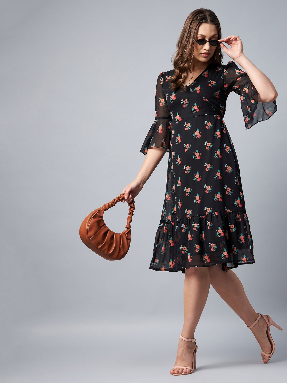 Women's Black Floral Print Bell Sleeve Dress - Stylestone