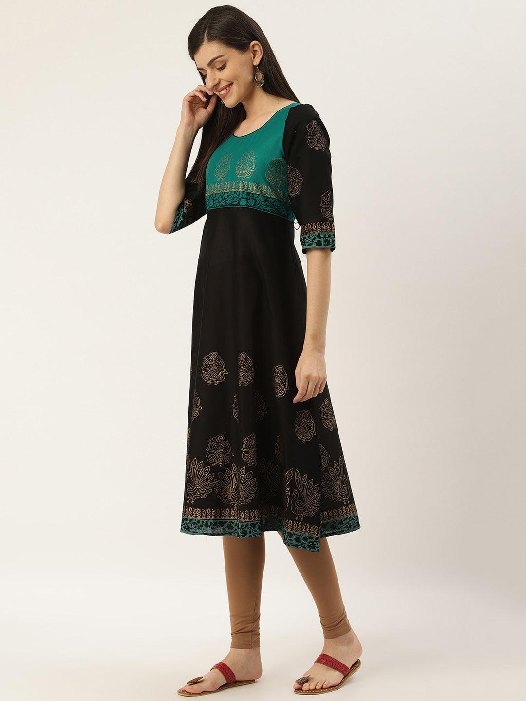 Women's Black & Golden Block Print A-Line Kurta - Noz2Toz - Indiakreations