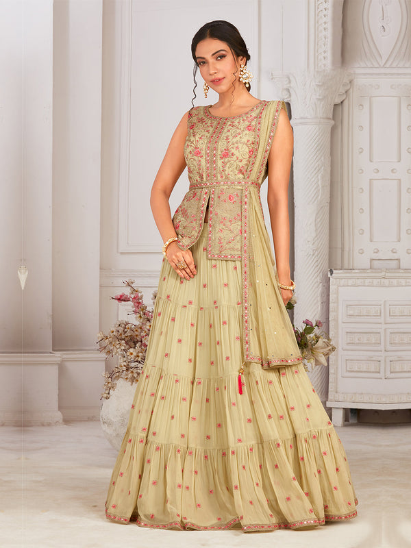 Beige Coloured Lehenga Choli With Pink Embroidery & Mirror Work