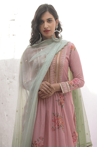 Ambara Soft Pink digital printed yoke kurta with palazzo and mint dupatta - RTS - Indiakreations