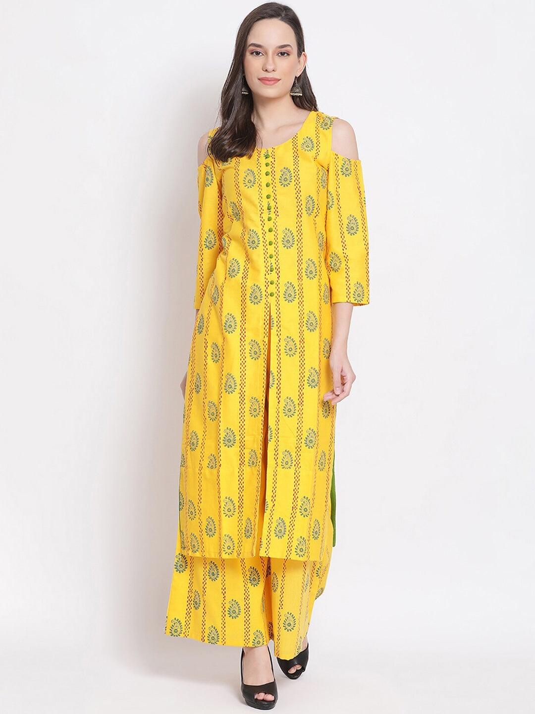 Women's Yellow Floral Embroidered Pleated Kurti With Sharara - Noz2Toz - Indiakreations