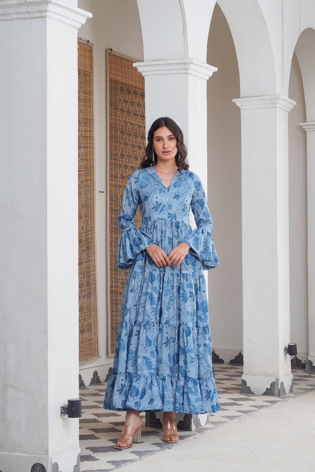 Blue floral frill Maxi - Indiakreations