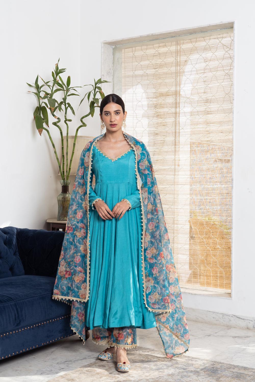 Khwabidah Turquoise Anarkali with floral dupatta Set of 3 - Indiakreations