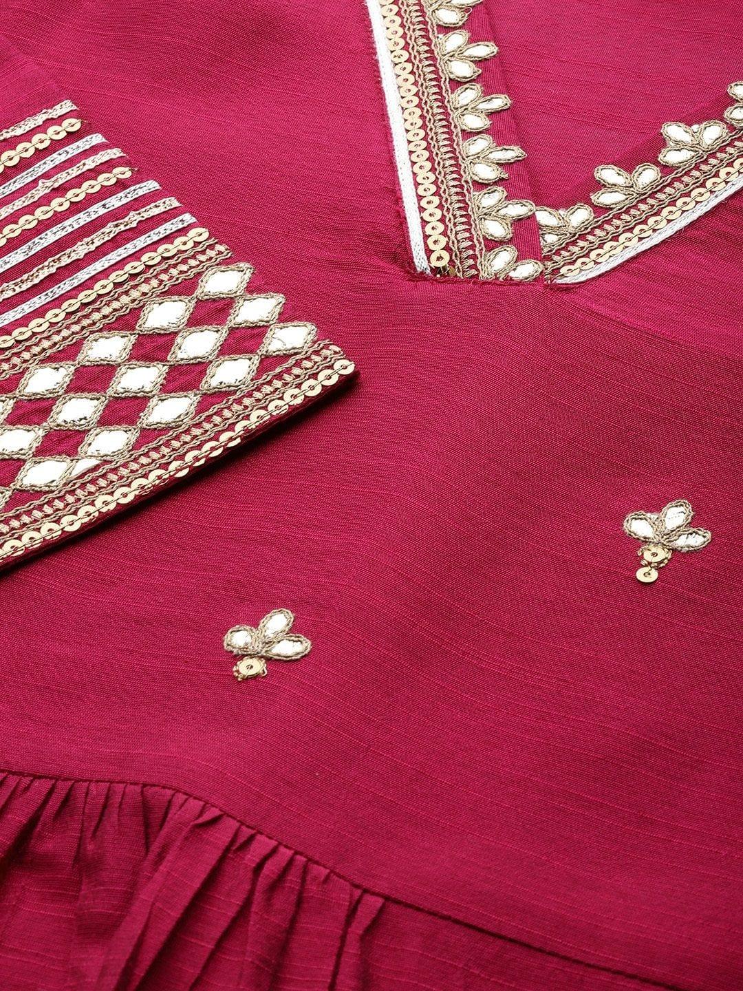 Women Magenta Pink & Gold-Coloured Embroidered Kurta With Trousers & Dupatta - Indiakreations