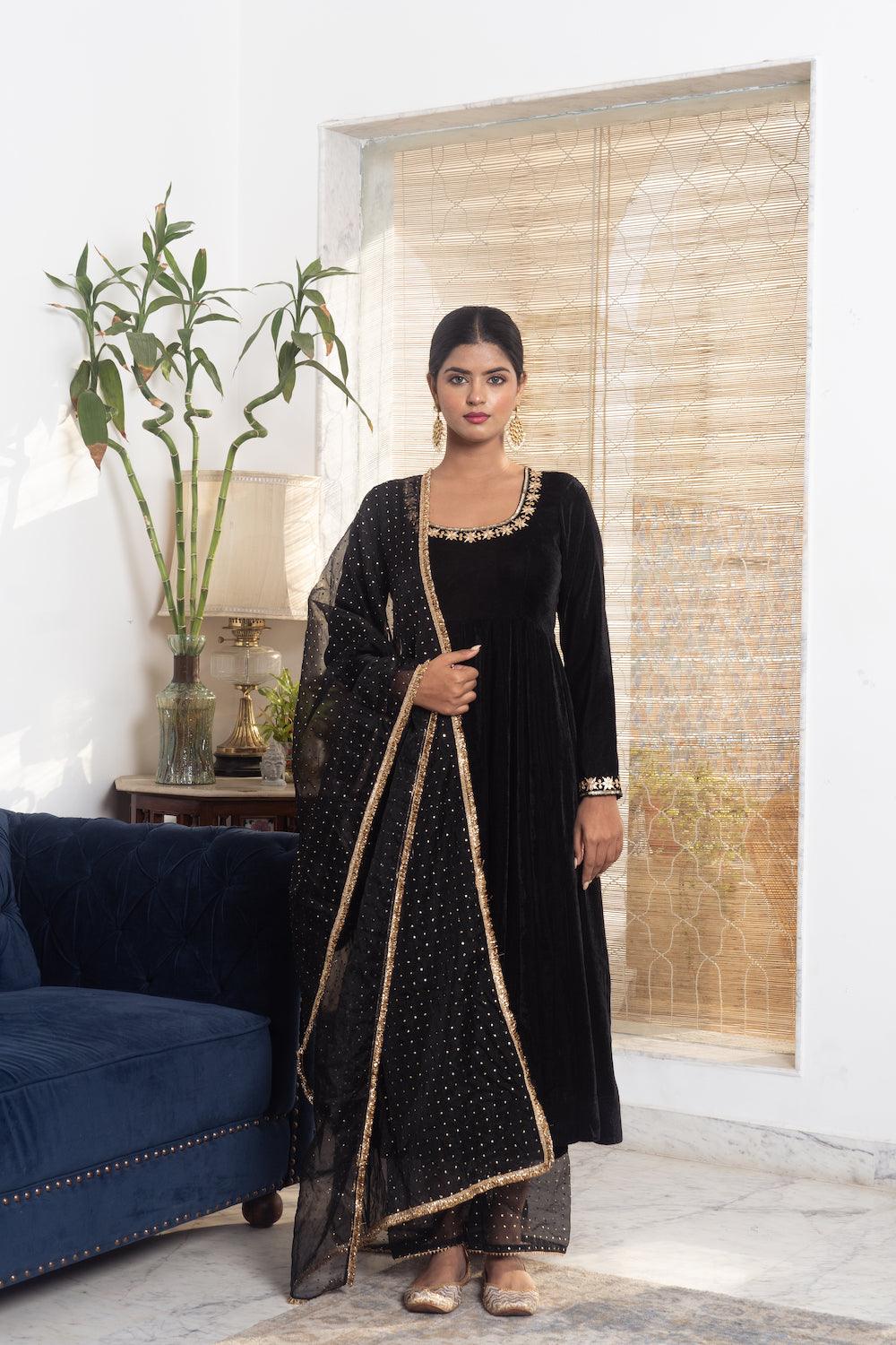 Khwabidah Black Anarkali Set of 3 - Indiakreations